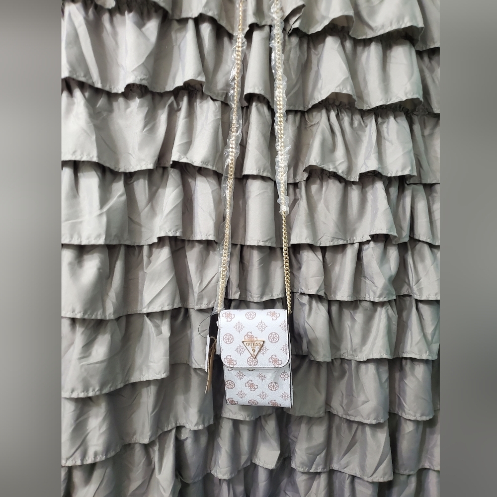 Guess Elegant White Noelle Flap Chit Chat Tan Patterned Small Crossbody Bag NWT
